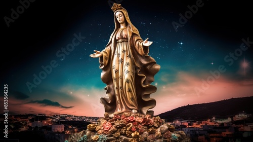 Virgen del carmen catholic religious holiday, female statue against the night sky. AI generated.