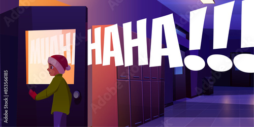 Boy in night school corridor near classroom door and haha cartoon background. College building inside at Christmas and curious character at xmas evening hear sound. Ha laugh typography for surprise