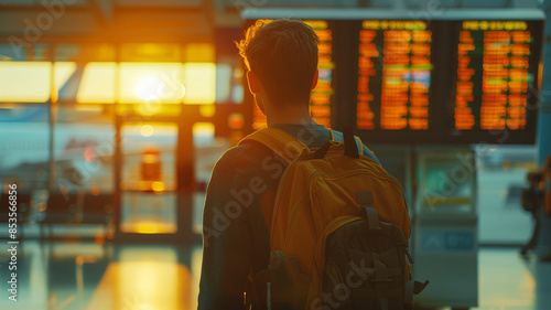 Backpacker am Flughafen sucht seinen Flug auf der Anzeigetafel 