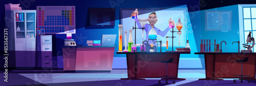 Scientist in medical research laboratory vector illustration. Chemical lab experiment with scientific equipment cartoon design. College professor character work on virus vaccine in tube background