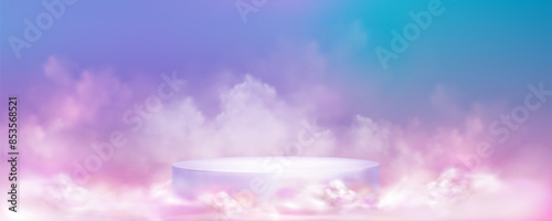 Round podium in color mist clouds. Vector realistic illustration of cylinder shape platform against heavenly sky background, beauty product presentation studio design, dreamy pastel cosmetic banner