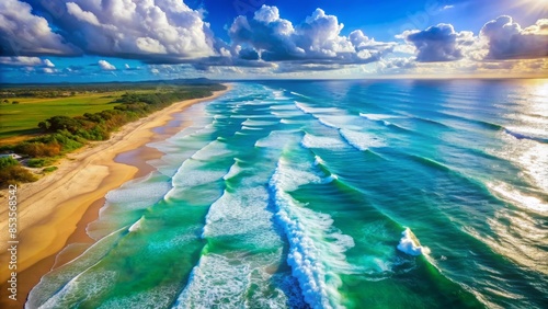 Spectacular aerial vista of turquoise ocean waves gently lapping against sun-kissed sandy shoreline, beneath a brilliant blue sky with puffy white clouds.