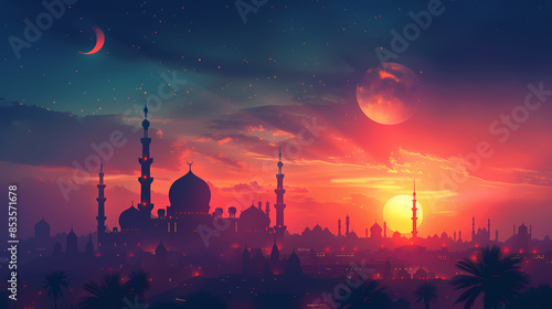 Magical sunset over a mystic cityscape with a prominent mosque, bathed in vibrant twilight hues. Eid mubarak