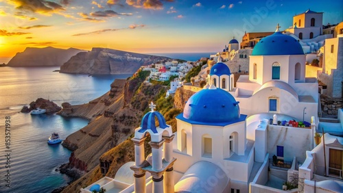 Scenic whitewashed houses, blue-domed churches, and winding cobblestone streets of oia village in santorini, greece, overlooking the shimmering mediterranean sea.