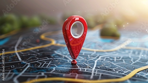 Red GPS marker indicating location on a map with navigation and search features.