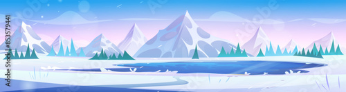 Winter day landscape with little lake in foot of rocky mountains. Cold northern panoramic scenery with high hill peaks, frozen water in pond, green pine trees, gradient blue and pink sky and snowflake