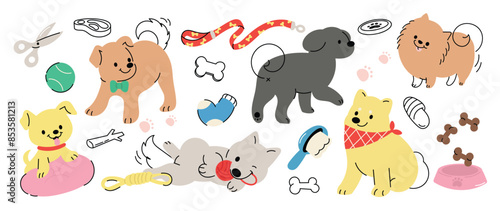 Cute dogs doodle vector set. Cartoon dog or puppy characters design collection with flat color in different poses, toy, ball, dog food, bowl. Set of funny pet animals isolated on white background.