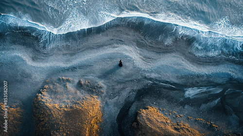 Aerial View Of Minimalistic Waves Crashing On The Black Beach In Iceland Black And White Landscape Background