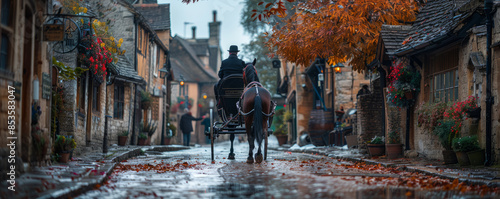 A couple enjoying a romantic horse-drawn carriage ride through a charming old town, taking in the sights and sounds.