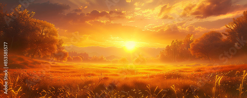 A golden sunset with the sun dipping below the horizon, casting a warm glow over the landscape.
