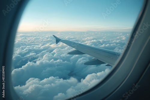 View from an airplane window showcasing a serene sky and fluffy clouds. Ideal for travel blogs, sightseeing guides, and airline advertisements. Conceptual. Stock photo. Generative AI