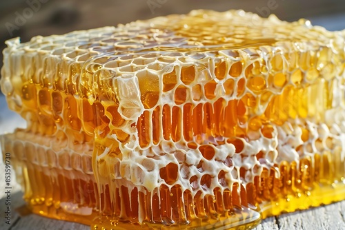 A macro shot of a honeycomb filled with golden honey