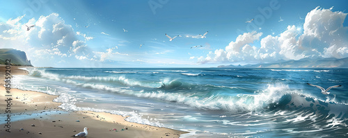 A tranquil beach scene, with gentle waves lapping at the shore and seagulls soaring overhead.
