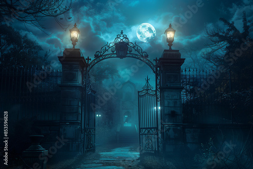 Gothic style gate with lanterns, dark blue night sky, gothic garden or cemetery background, goth vibes, dark theme, fantasy art style, moon light shining through the trees, Halloween