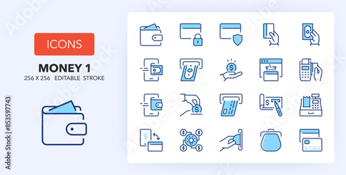 Line icons about money and payment methods. Contains such icons as wallet, crowdfunding, donation and more. 256x256 Pixel Perfect editable in two colors. Set 1 of 3