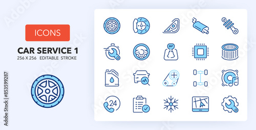 Line icons about car services. Contains such icons as tire, fast service, brakes and more. 256x256 Pixel Perfect editable in two colors. Set 1 of 2