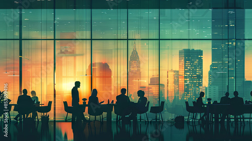 Silhouettes of various business individuals collaborating, with a toned image of an office interior and skyscrapers in the background. Illustrating the modern office environment with managers and part