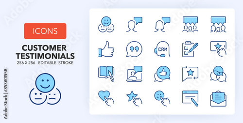 Line icons about customer testimonials. Contains such icons as ranking, feedback, quote and more. 256x256 Pixel Perfect editable in two colors