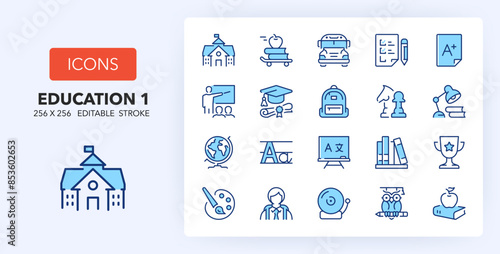 Line icons about Education and back to school. Contains such icons as learning, knowledge, classroom and more. 256x256 Pixel Perfect editable in two colors. Set 1 of 2