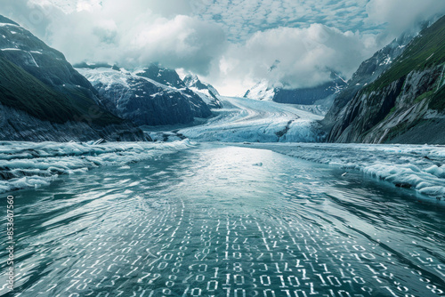 A river flowing from a glacier with ice turning into flowing binary code. 