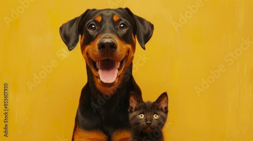 Happy Rottweiler Dog and Black Kitten on Yellow Background, Generative AI