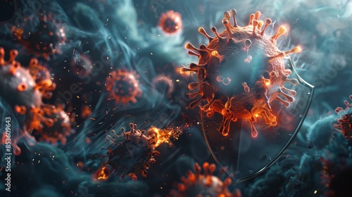 A conceptual 3D illustration of a shield with immune cells surrounding it, symbolizing protection against viruses.