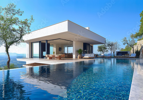 Villa in Mediterranean modern style with infinity pool. Minimalist architecture in Mediterranean setting