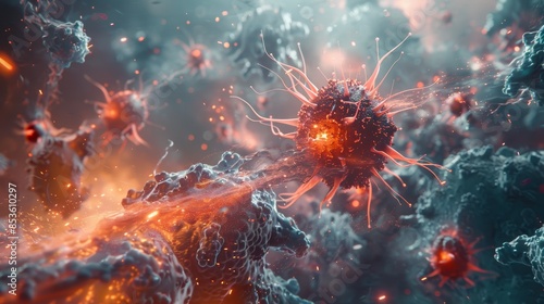 A conceptual 3D visualization of a virus, breaking down its molecular structure into easily identifiable parts.