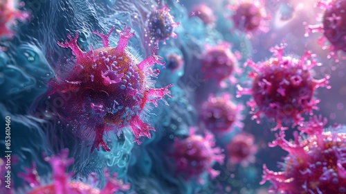 An artistic 3D illustration of a virus penetrating the membrane of a host cell, depicting the process of viral entry.