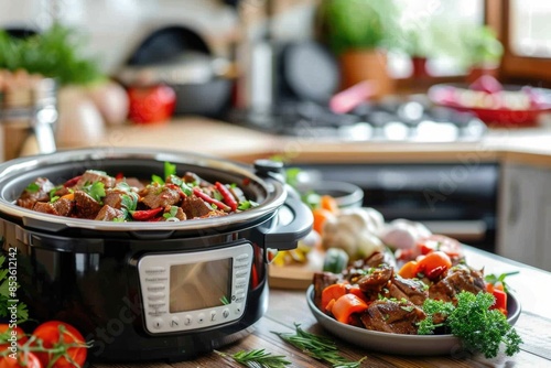 A slow cooker sitting on a wooden table, ready for use in a kitchen or dining setting