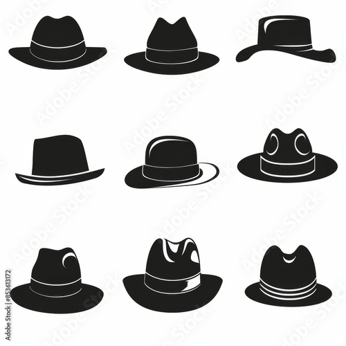 Hat flat icon, headdress symbol, minimal cap sign, bonnet black silhouette, fedora shape, bowler, trilby