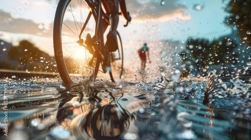 A person rides a bike through a small puddle of water, with the surrounding environment unclear