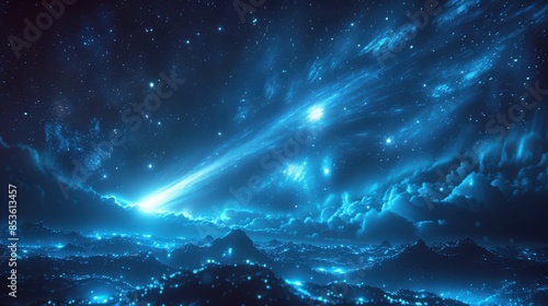 A stunning close-up view of Halley's Comet in the night sky, showcasing its brilliant glowing tail against a deep blue backdrop. Created with Generative AI.
