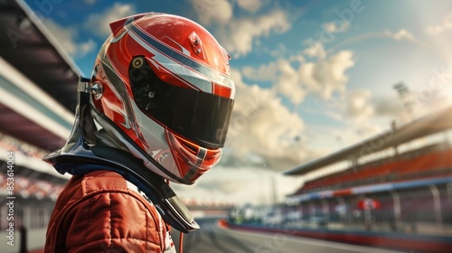 Male racer wearing racing suit and helmet standing on track stadium.