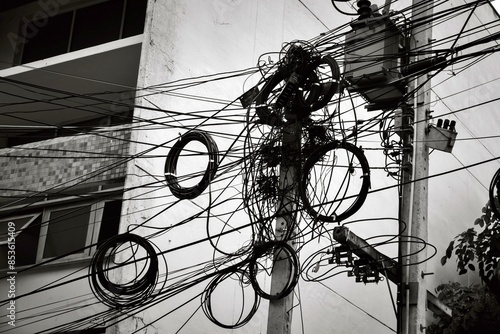 A black and white photo of a power line with many wires and a lot of circles