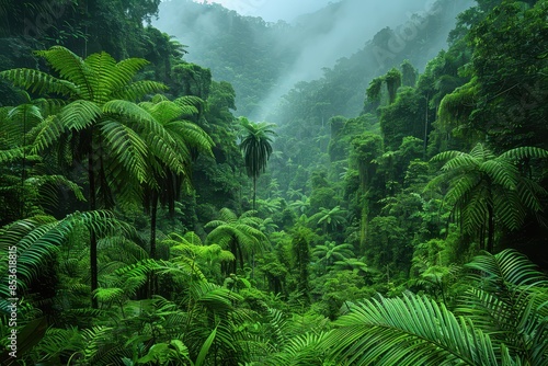 A dense rainforest with a diverse range of flora and fauna, showing the richness of biodiverse habitats. 