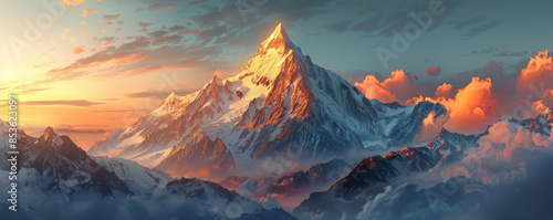 A majestic mountain peak illuminated by the morning sun.