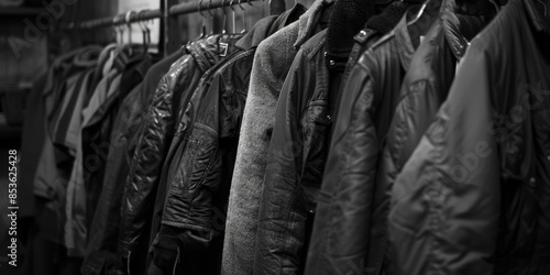 A close-up view of a row of jackets hanging on a rack, with textures and folds visible