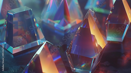 crystal pyramids refracting rainbow colors light in a dark