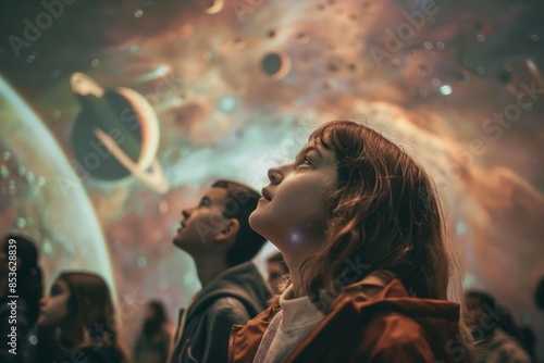 A group of students visiting a planetarium looking up at a projection of the solar system highlighting the educational aspect of space exploration