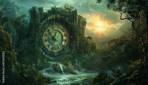 A clock tower with a large clock face in a lush green forest by AI generated image