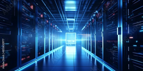Image of server racks in a temperature-controlled data center to prevent overheating. Concept Data center infrastructure, server racks, cooling systems, temperature regulation, overheating prevention