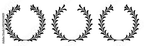 月桂冠（ローレルリース）セット。ヴィンテージの紋章。枝分かれした月桂樹の葉のフレーム。貴族のラベル