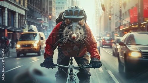 Urban Rat Cyclist Pedaling Through Busy City Street - Quirky Cycling Adventure in Metropolis