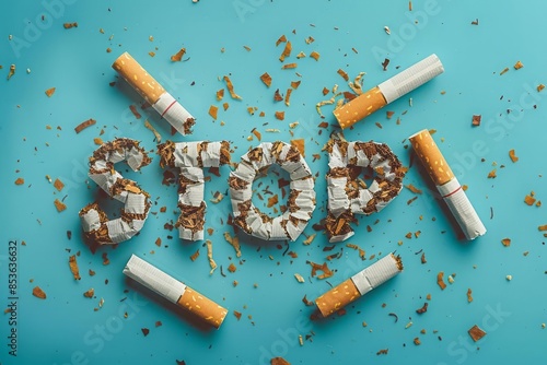 A broken cigarette scattered tobacco with the inscription STOP on a blue background smoking cessation concept