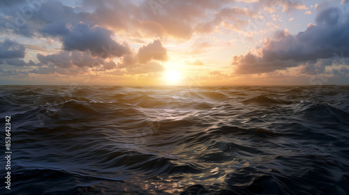 Panorama d'une mer agitée sous un ciel partiellement nuageux au coucher du soleil. 