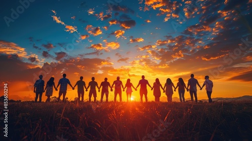 Group of people holding hands at sunset, standing in a line, creating a silhouette against a vibrant evening sky.
