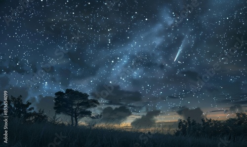 A stunning night sky scene featuring a comet streaking across, creating a mesmerizing celestial display against a backdrop of stars and nebulae