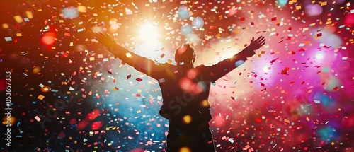 Silhouette of person with arms raised, confetti falling, colorful background.