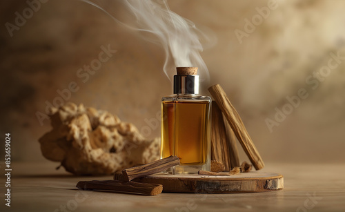 Arabian agarwood perfume with Incense Chips on beige background, arabian out Transparent perfume bottle near the aged weathered wooden snag and stones. Perfume with woody notes concept. 